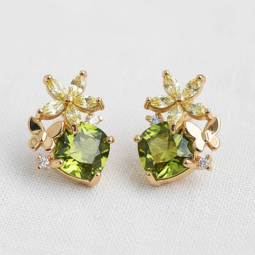 Olive Green Cubic Zirconia Butterfly Stud Earrings