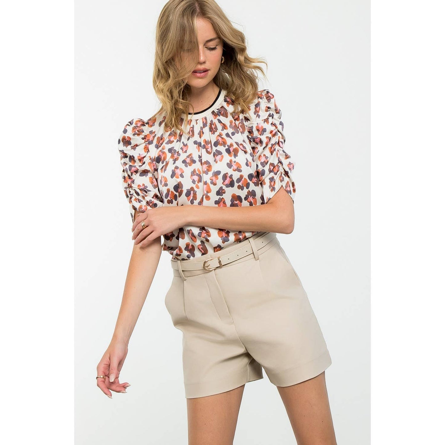 Ruched Sleeve Print Top