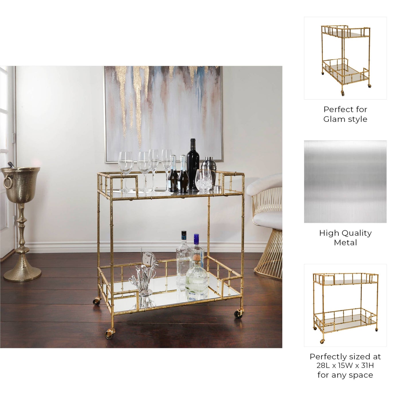 Gold 31x28 in. Metal Mirrored Top 2-Tier Gold Metal Bar Cart