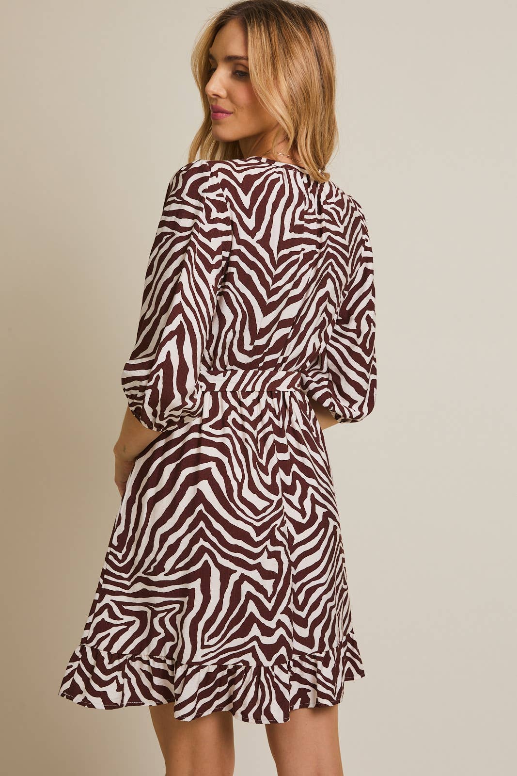 ROUND NECK 3/4 SLEEVE WAIST TIE ZEBRA DRESS