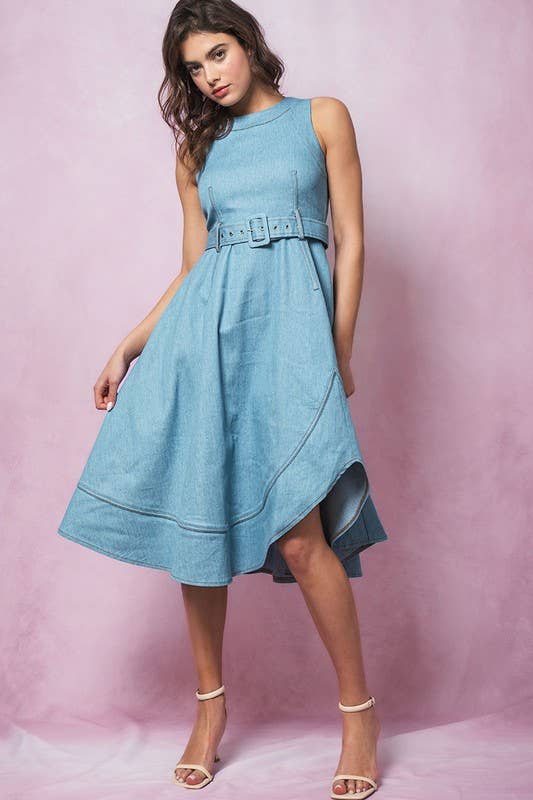 Fit and Flare Sleeveless Denim Midi Dress