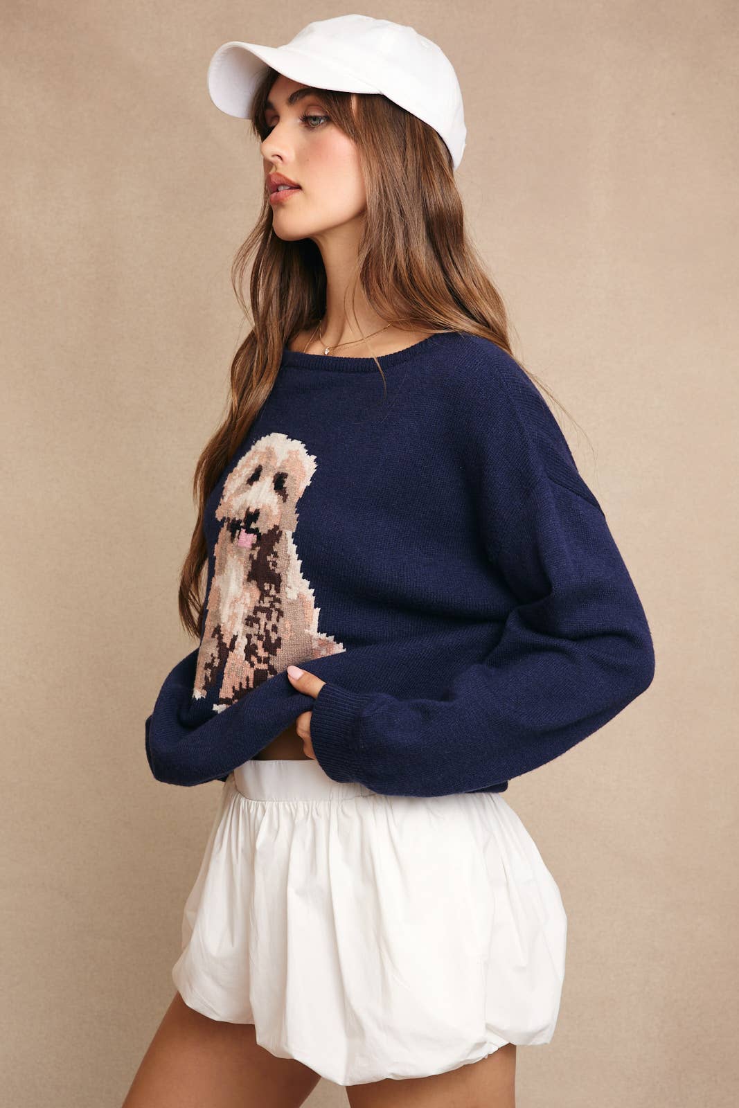 OFF SHOULDER LONG SLEEVE GOLDENDOODLE GRAPHIC SWEATER