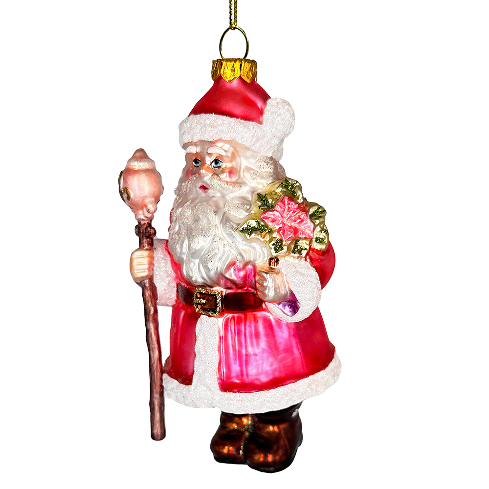 Pink Santa with Sceptor and Flowers Glass Christmas Ornament