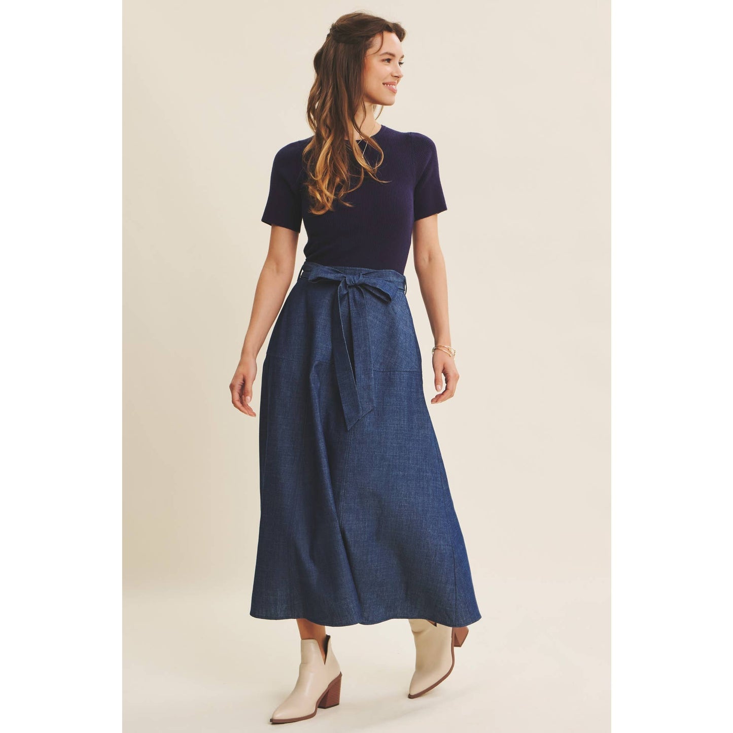 EFFORTLESS MIX OF COZY AND POLISHED TWOFER DENIM DRESS
