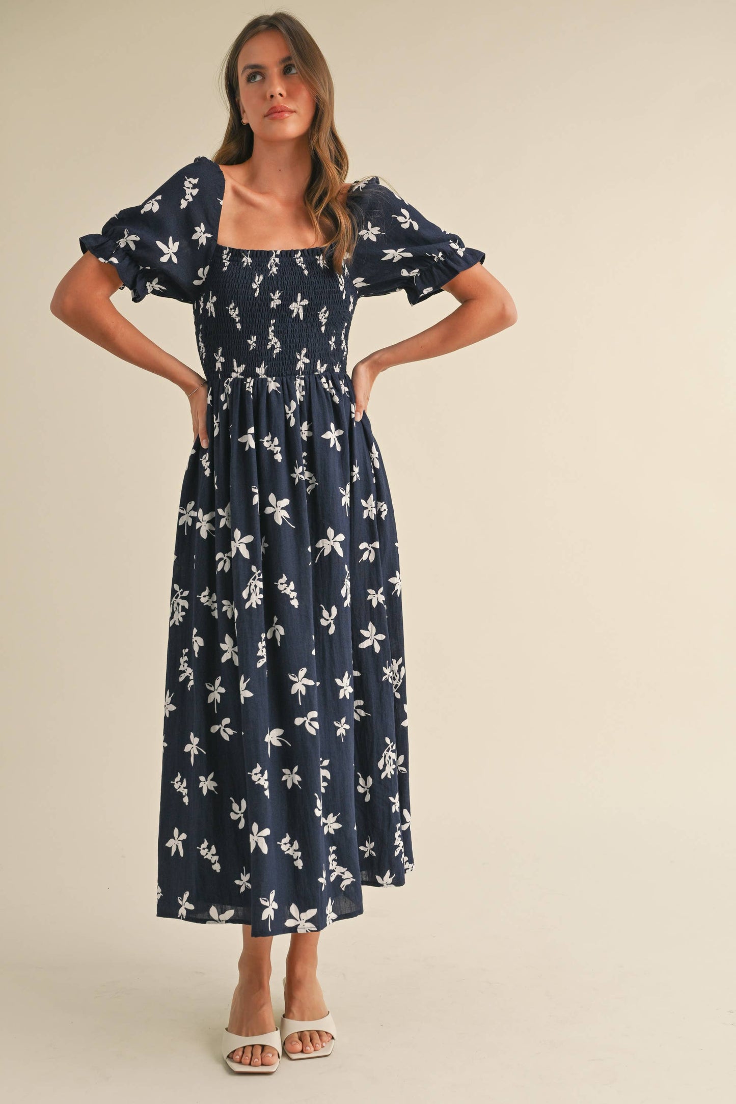 ID8847-A FLORAL MIDI PUFF SLEEVES DRESS