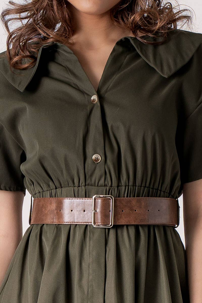 Exaggerated Collar Spring Shirt Belted Midi Dress