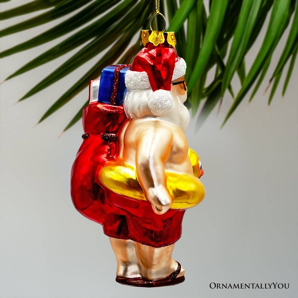 Santa on Summer Vacation in the Pool Quirky Glass Ornament