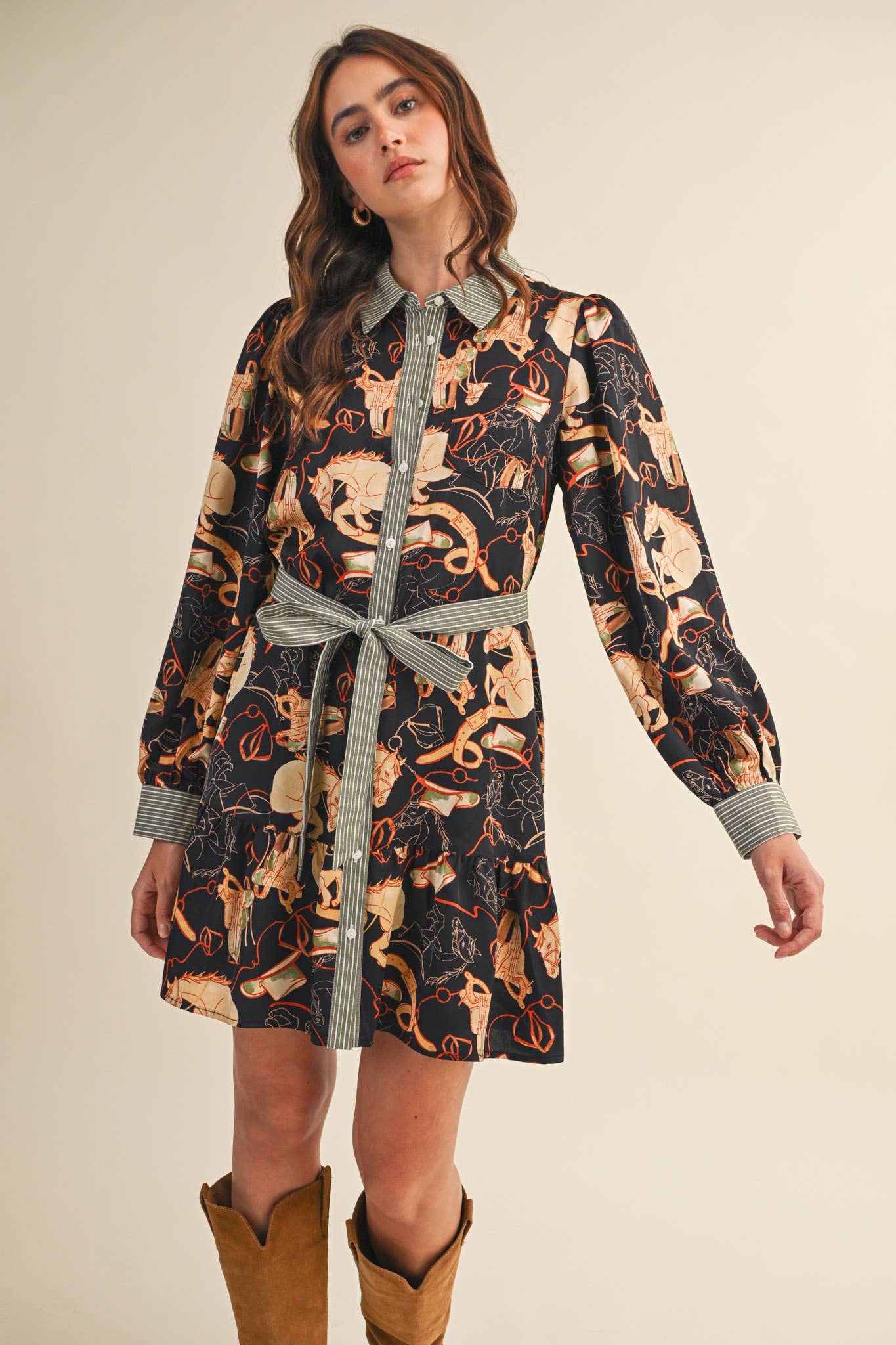 EXCLUSIVE MIXED PRINT BUTTON DOWN MINI DRESS