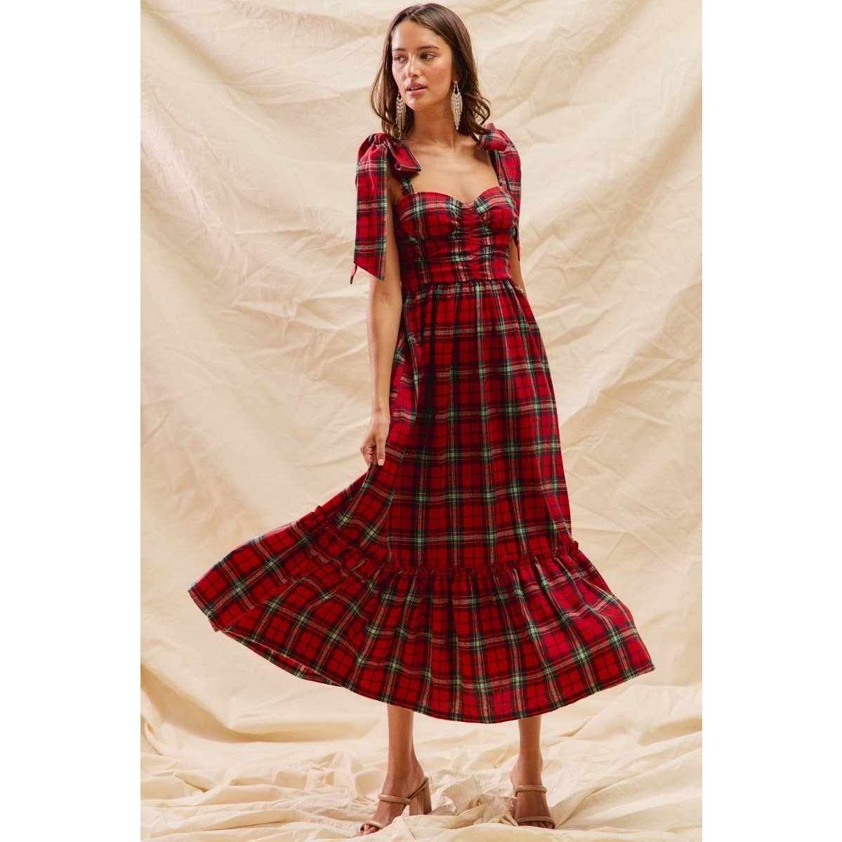 Christmas Check Plaid Woven Holiday Midi Dress