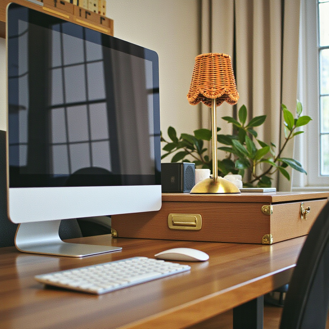 LED USB Lamp - Rattan Shade- Gold