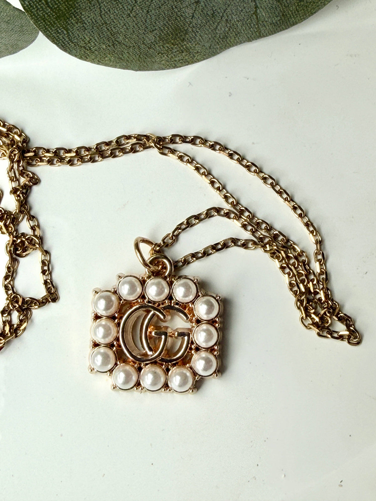 Upcycled Gucci Square Pearl Border Pendant Necklace