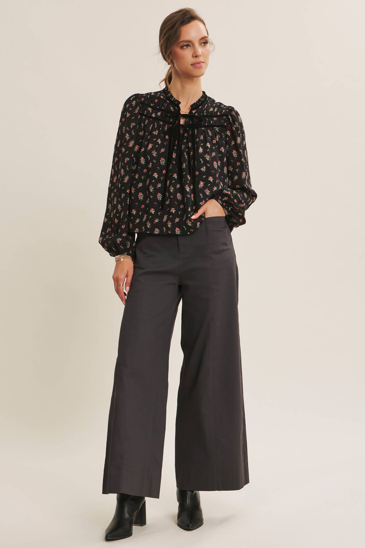 BREEZY FALL DAYS VELVET FLORAL BLOUSE WITH DELICATE RUFFLES