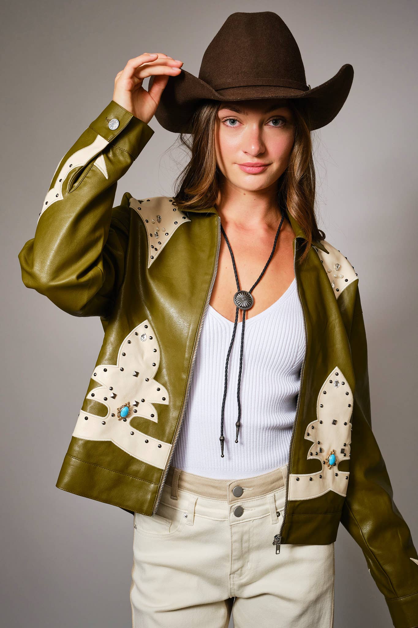 23526J - Faux Leather Studded Oversized Zip-Up Jacket