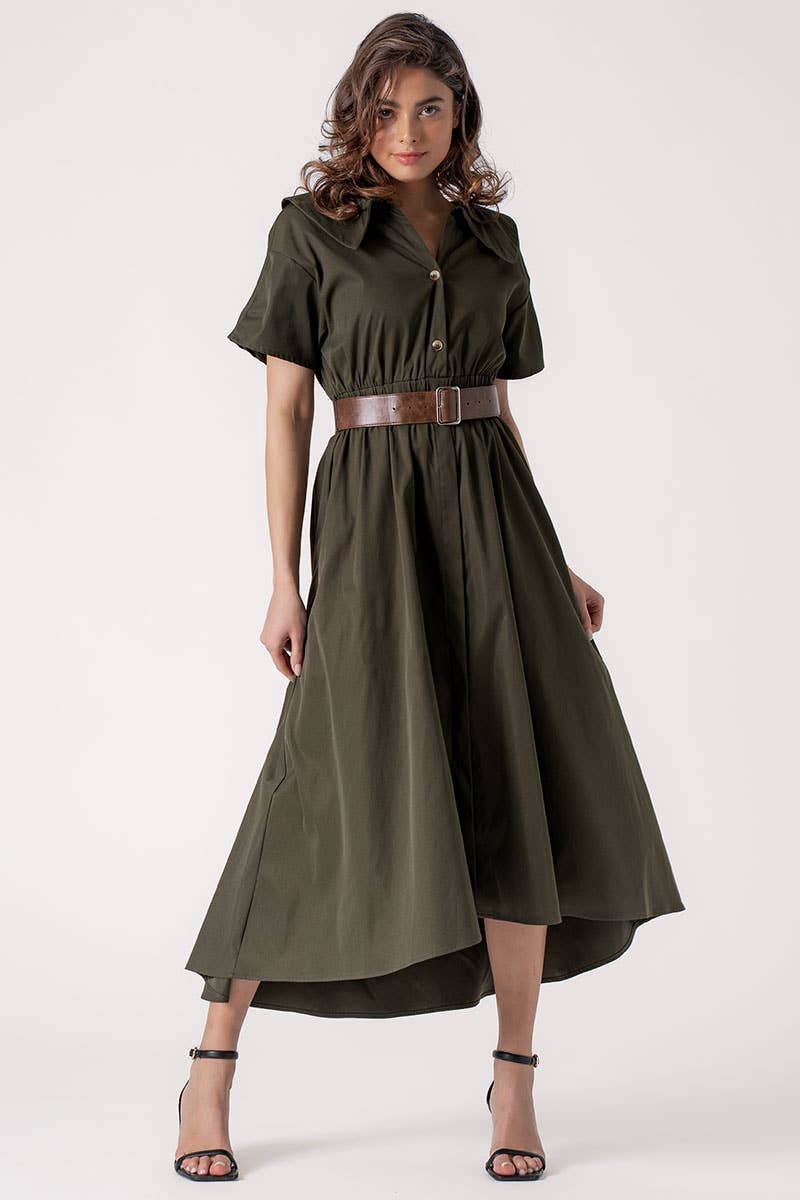 Exaggerated Collar Spring Shirt Belted Midi Dress