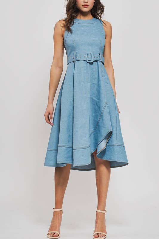 Fit and Flare Sleeveless Denim Midi Dress