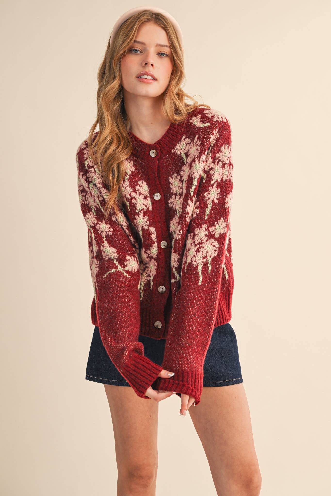FLORAL KNIT BUTTON DOWN SWEATER CARDIGAN MSW11238