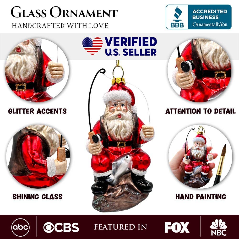 Relaxing Santa Claus Fishing Glass Ornament