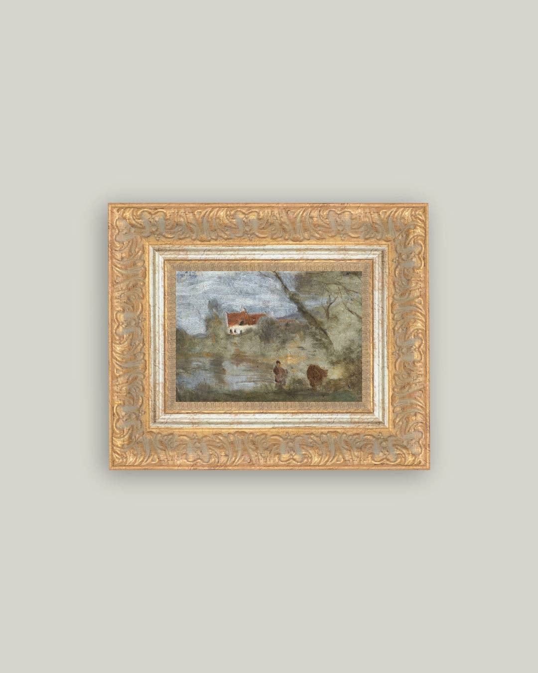 Cowherd by the Pond Framed Antique Art