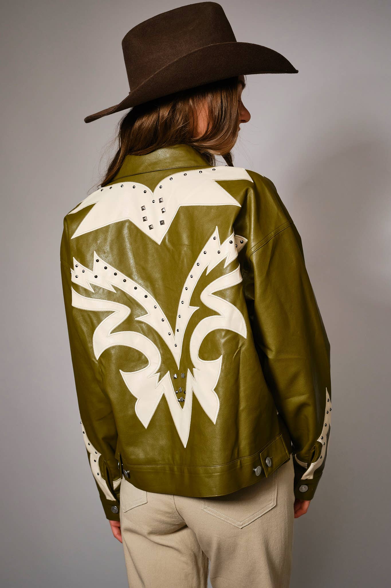 23526J - Faux Leather Studded Oversized Zip-Up Jacket