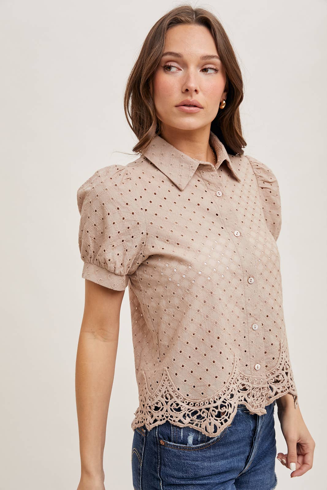 EYELET LACE TRIMMED BUBBLE SLEEVE SHIRT BLOUSE