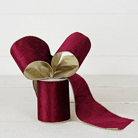 Wired Ribbon-Burgundy Velvet w. Gold back (4inW)