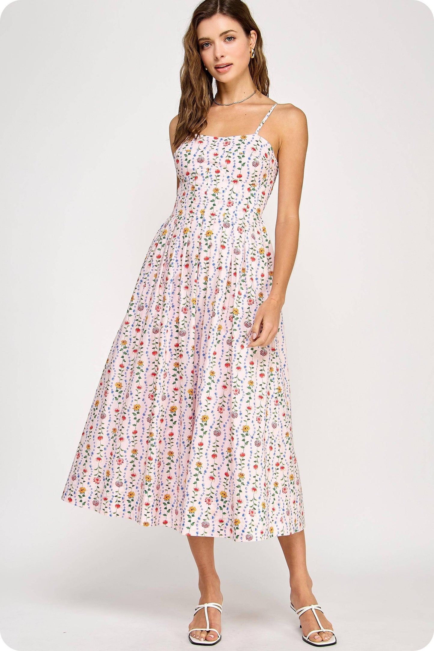 Floral Poplin Corset Sleeveless Midi Dress