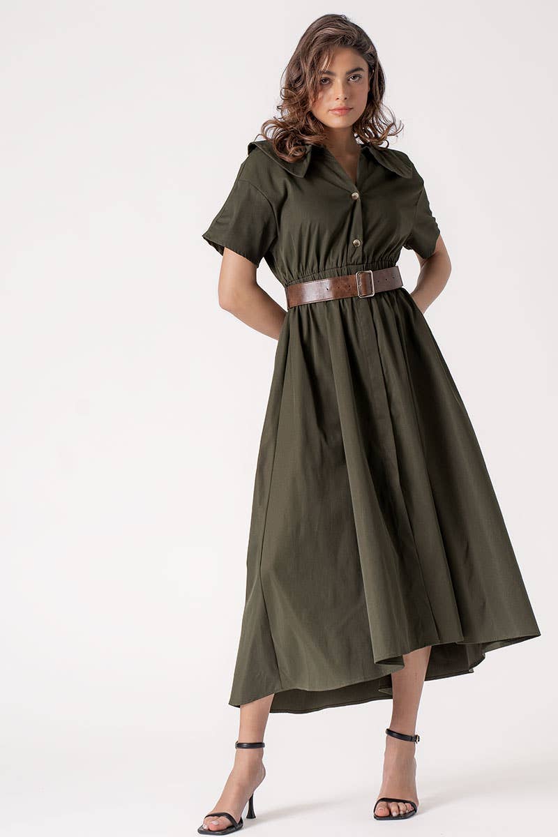 Exaggerated Collar Spring Shirt Belted Midi Dress