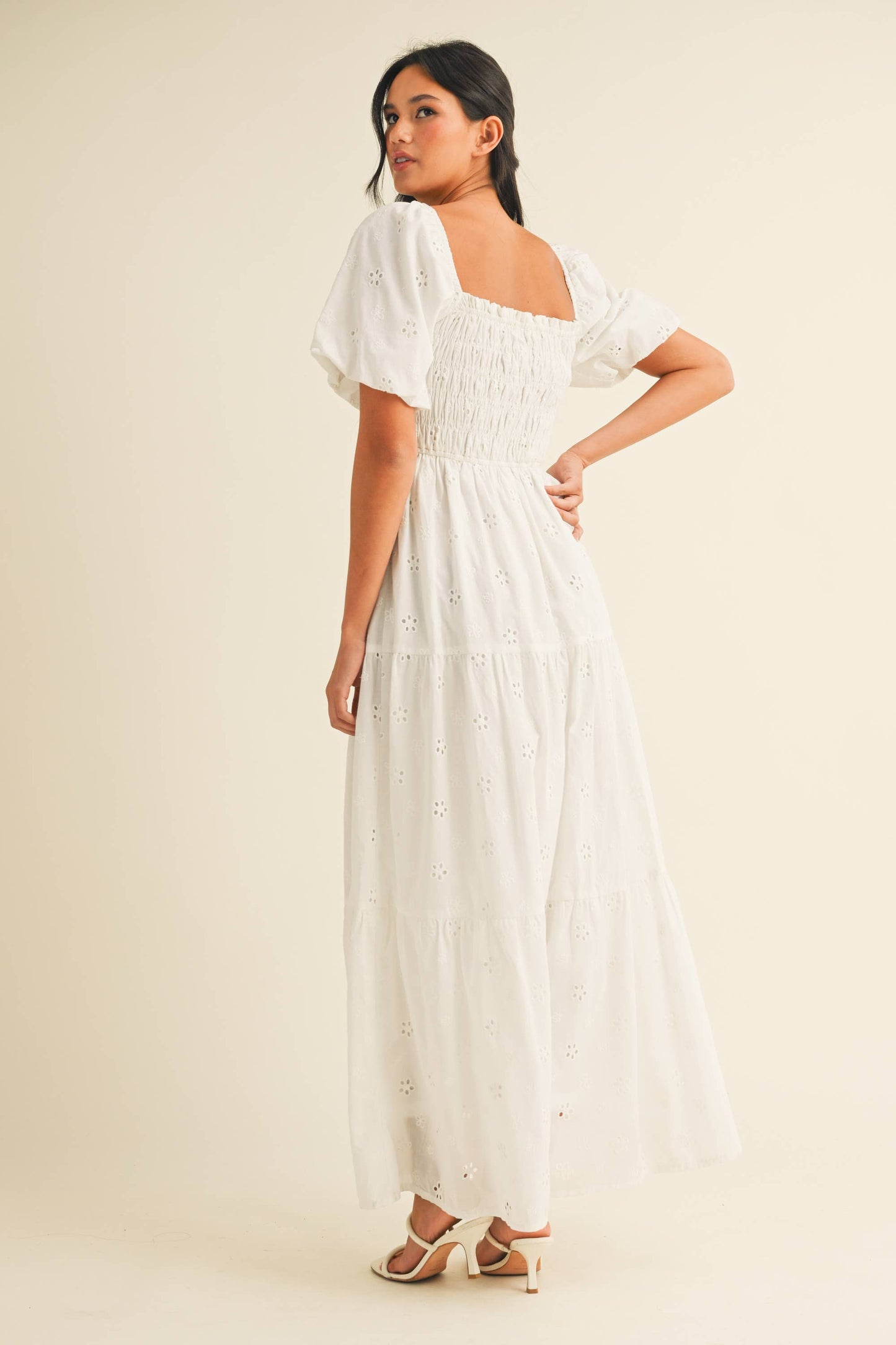 ID8852 EYELET PUFF SLEEVES MIDI DRESS WITH SMOCKING