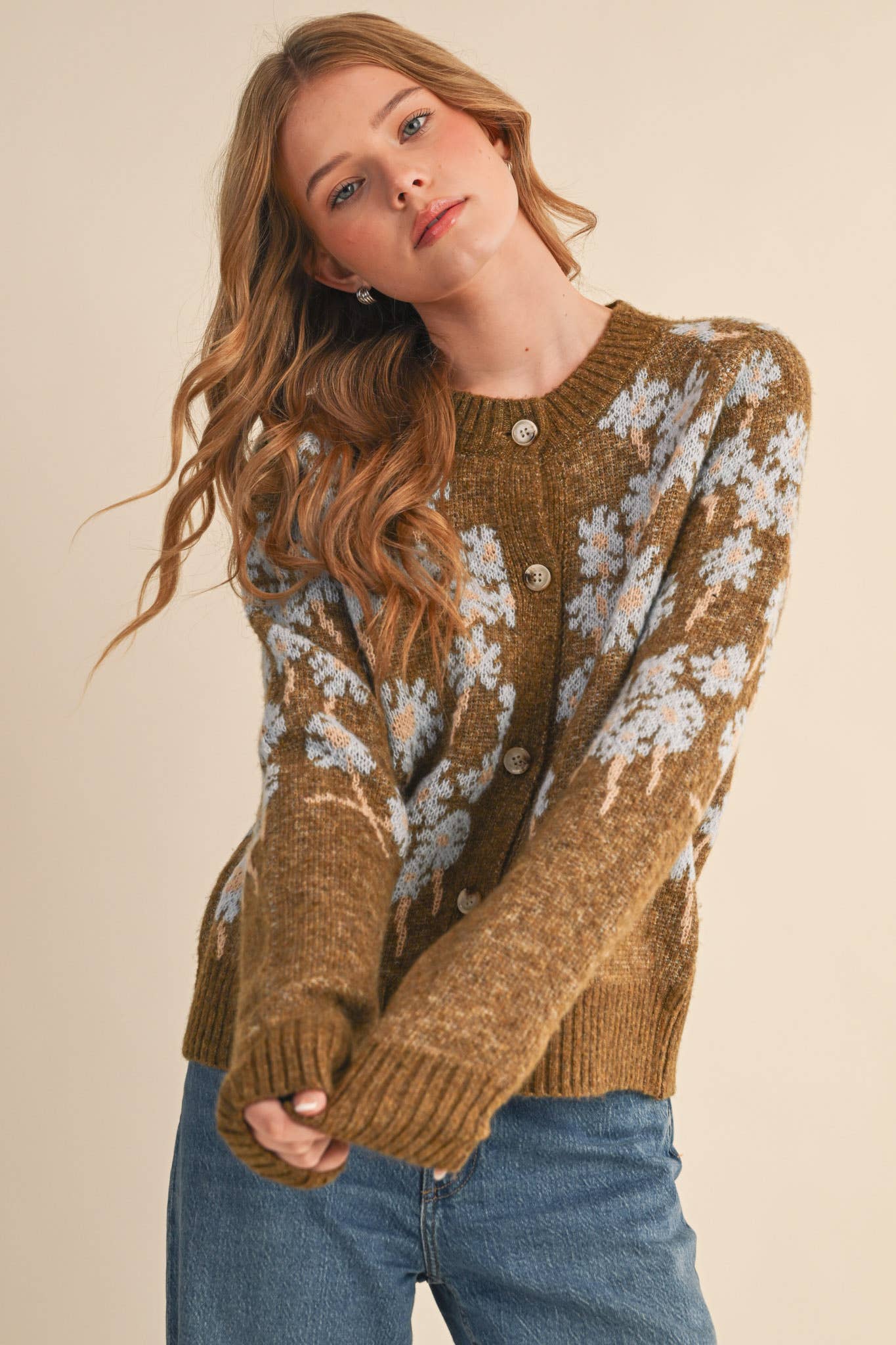 FLORAL KNIT BUTTON DOWN SWEATER CARDIGAN MSW11238