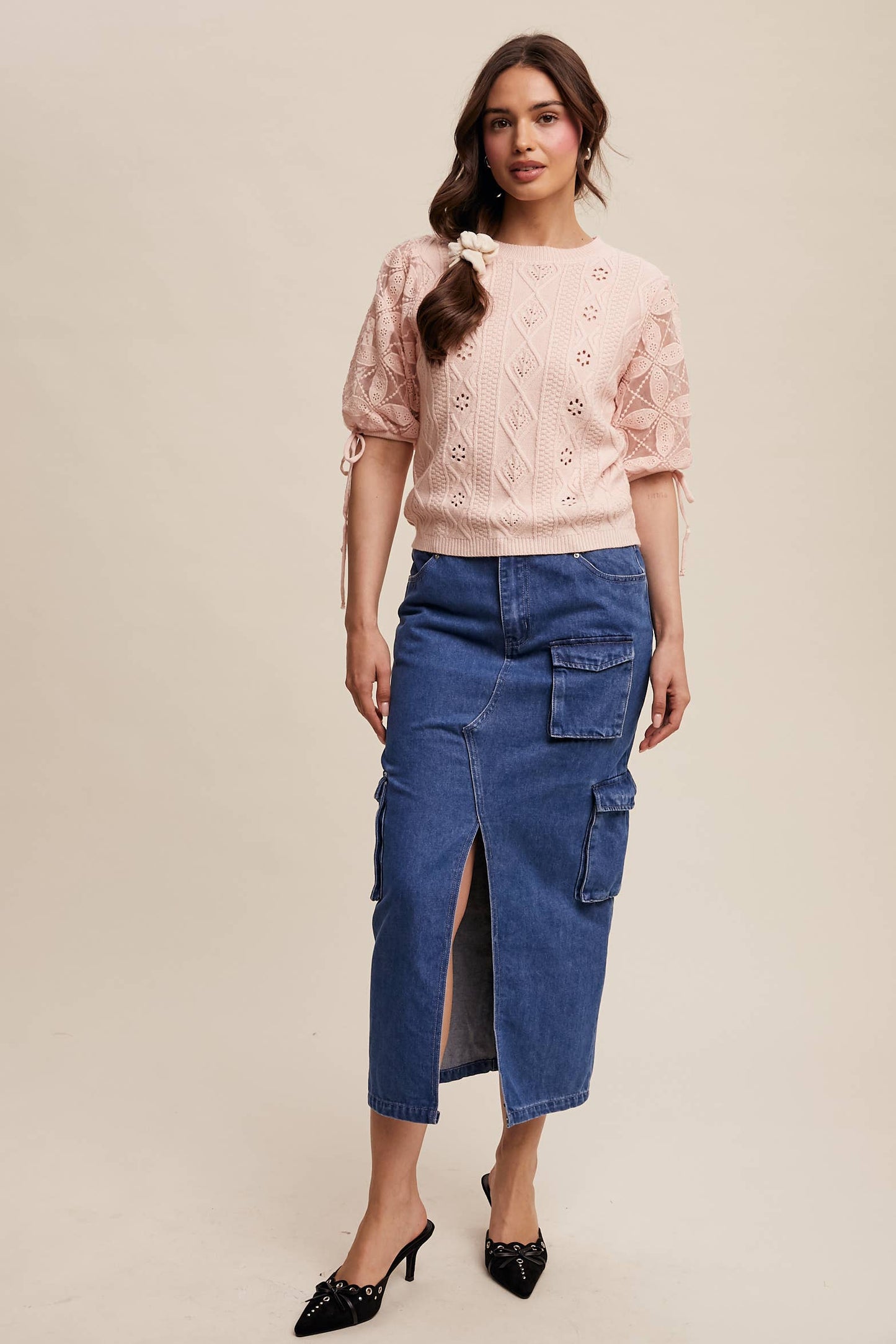 Eyelet Puff Sleeve Knit Sweater Top