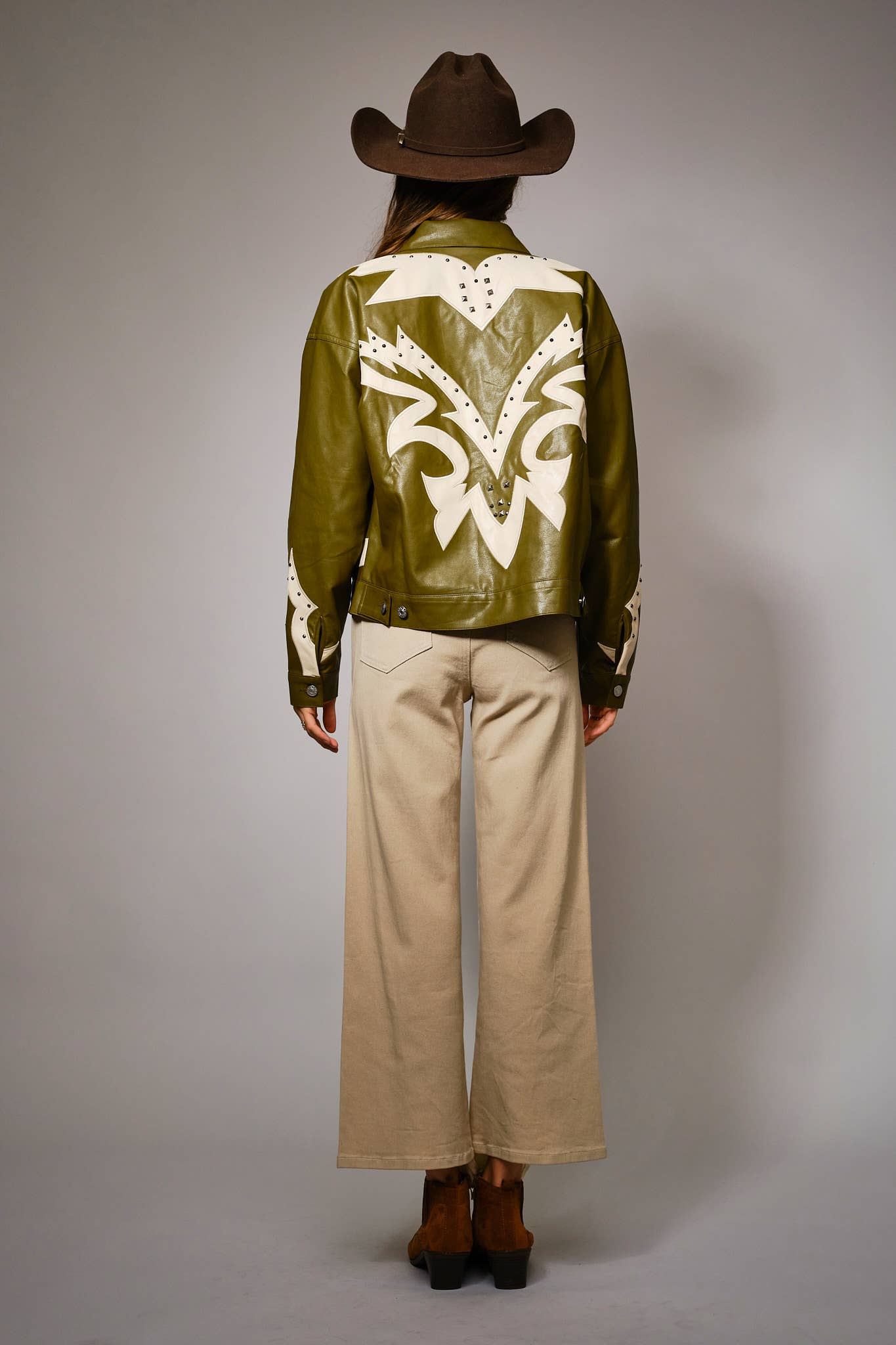 23526J - Faux Leather Studded Oversized Zip-Up Jacket