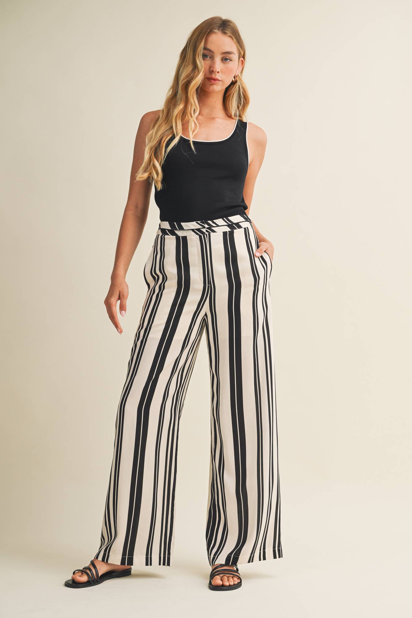 Striped High Waist Wide Leg Pants - Black & White