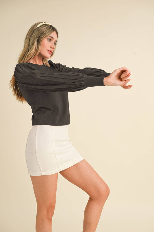 STRIPE TEXTURE PUFF SLEEVE SWEATER MSW9485