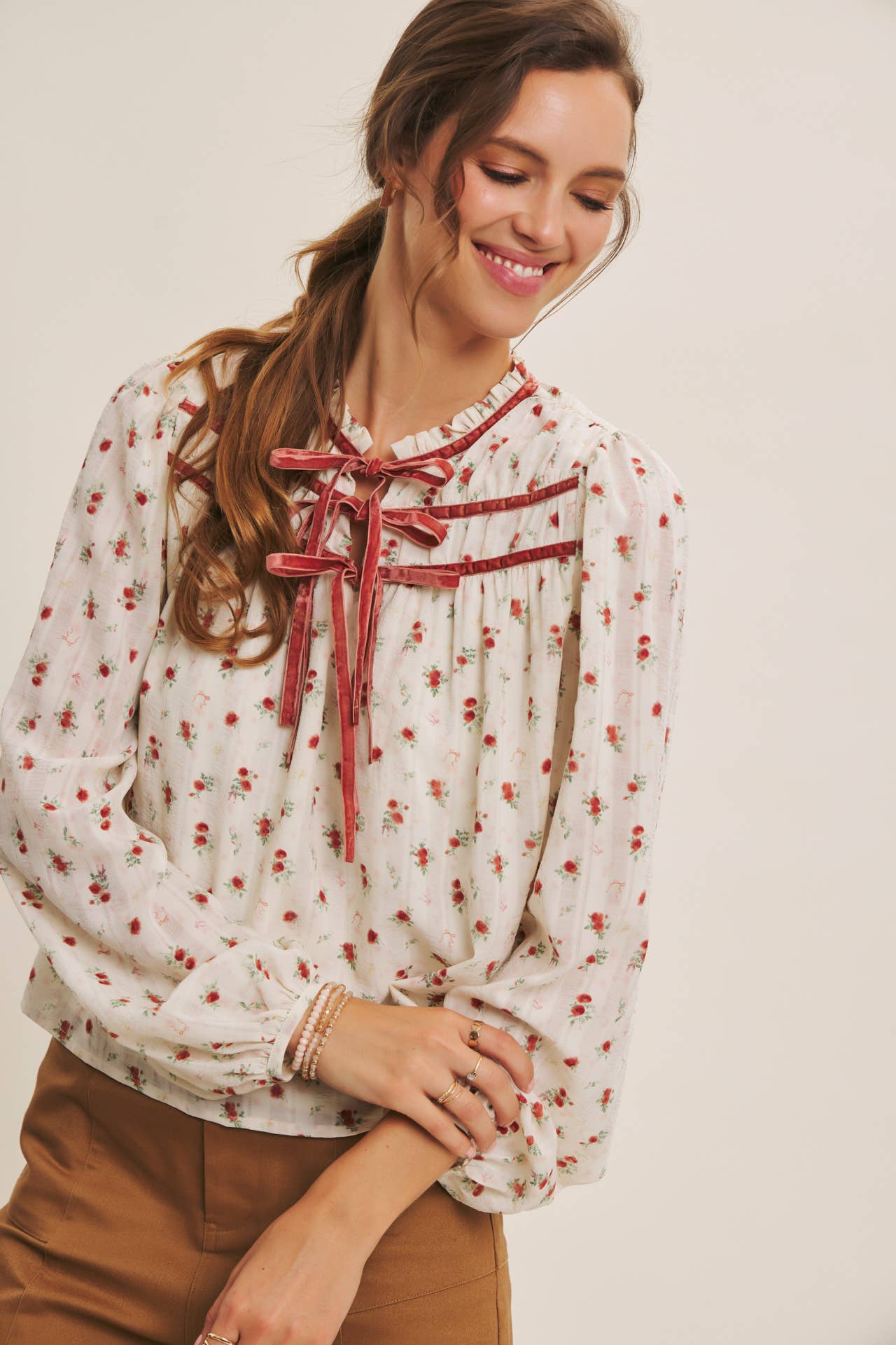 BREEZY FALL DAYS VELVET FLORAL BLOUSE WITH DELICATE RUFFLES