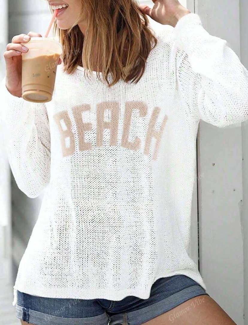 "BEACH" Round Neck Cutout Knitted Top