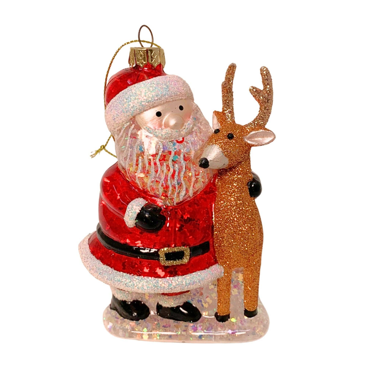 Santa and Glitter Deer Ornament 3.5"