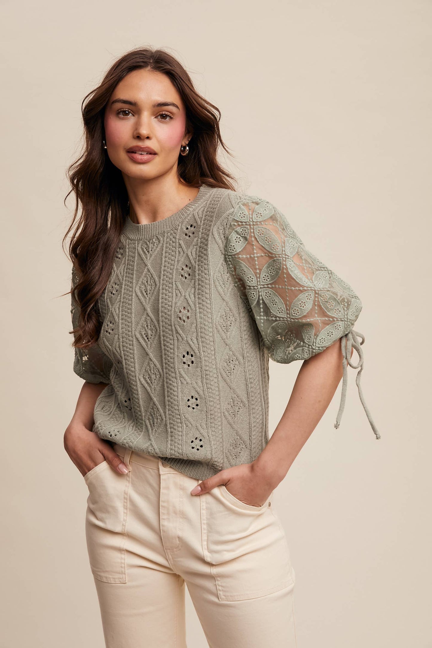 Eyelet Puff Sleeve Knit Sweater Top
