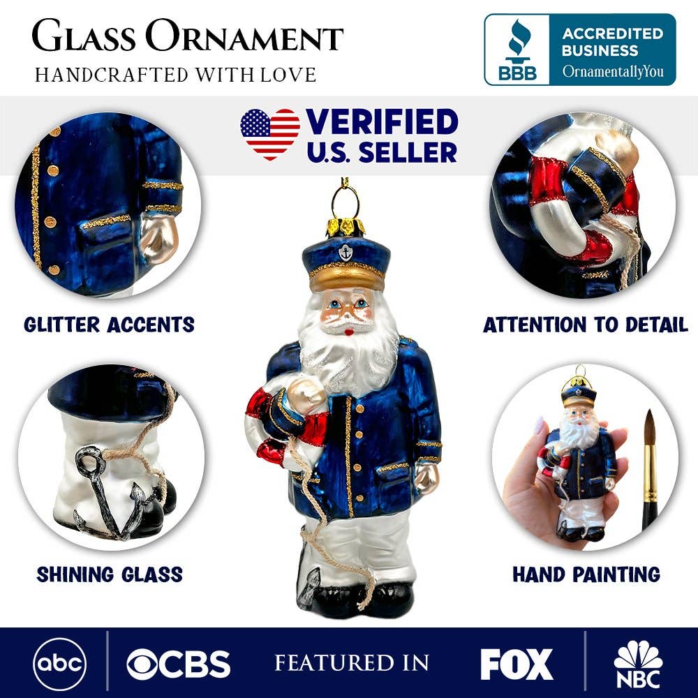 Santa the Ship Captain Glass Ornament