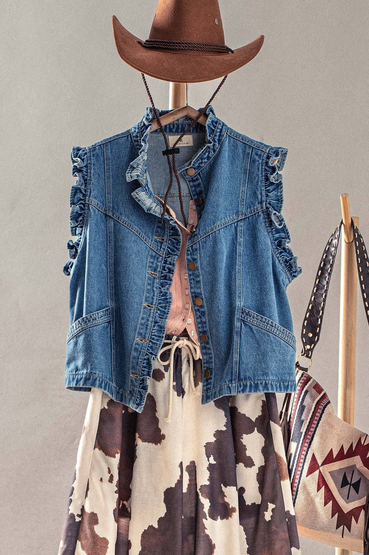Victorian Ruffle Trim Denim Vest with High Collar