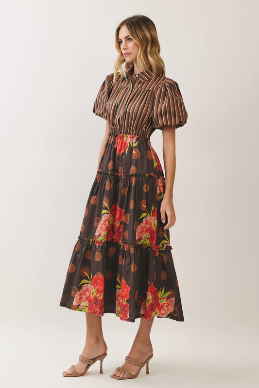 Mixed Print Puff Sleeve Tiered Midi Dress