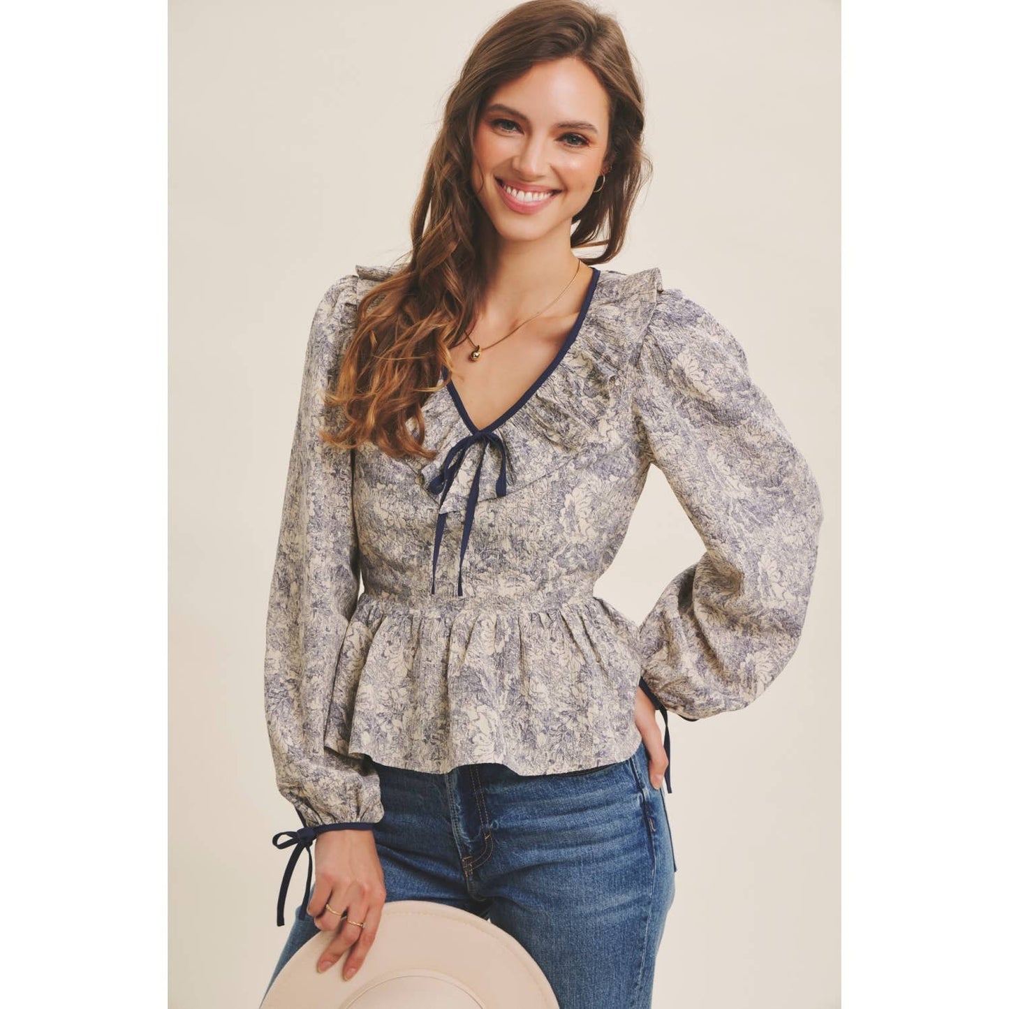 TOILE PRINTED BABYDOLL BLOUSE WITH BALLOON SLEEVES