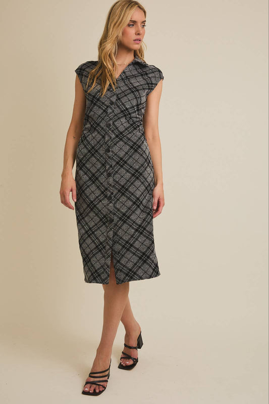 COLLARED SLEEVELESS BUTTON DOWN PLAID MIDI DRESS