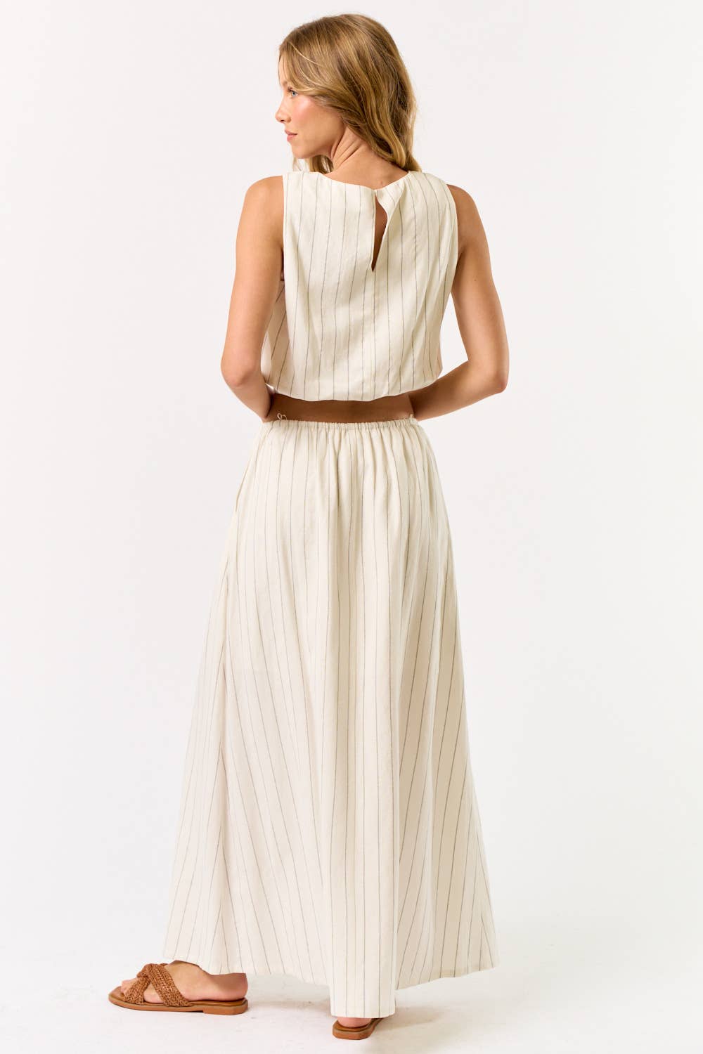 ILS5669 Stripe Cropped Bubble Top With Matching Maxi Skirt