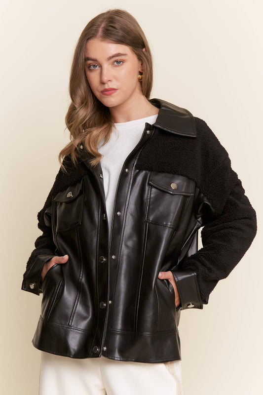 Black Faux Leather Sherpa Teddy Jacket