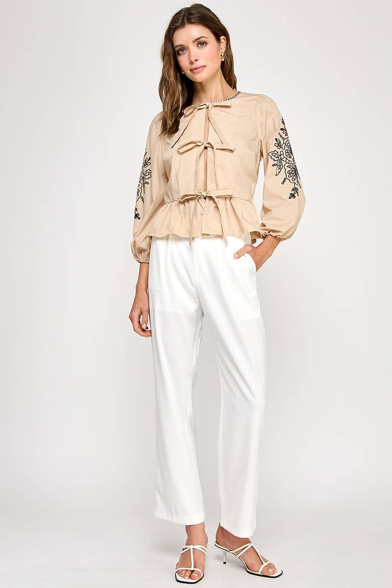 Black 3/4 Sleeve Embroidered Top