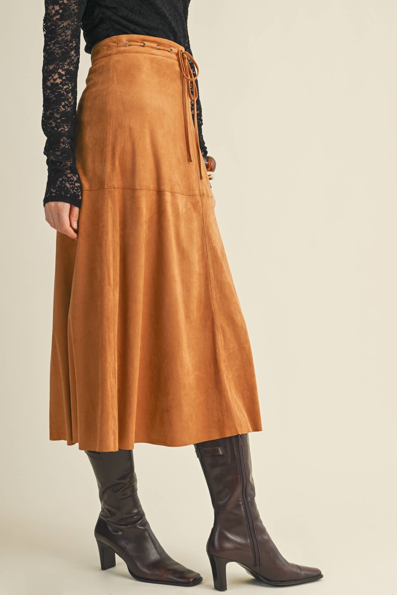 DRAWSTRING SUEDE A-LINE SKIRT