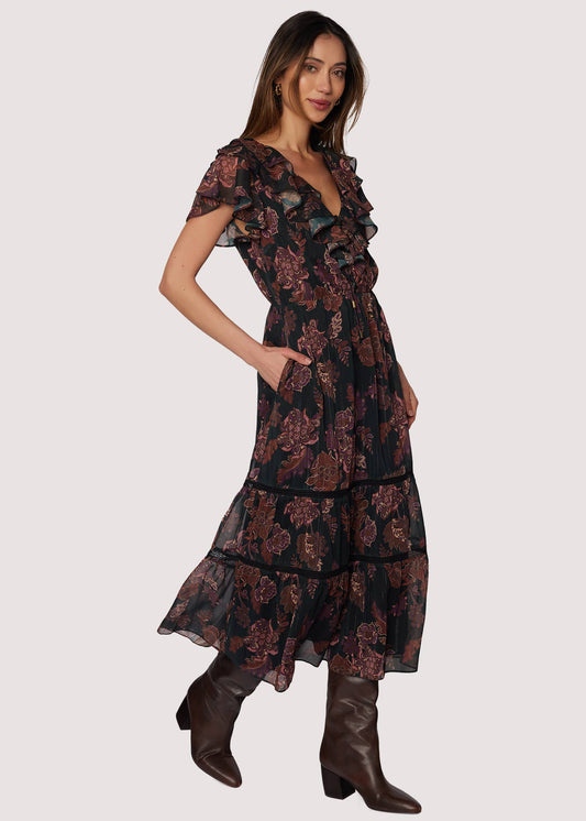 Whispers of Bohemia Midi Dress - Fall Floral V-Neck Ruffle
