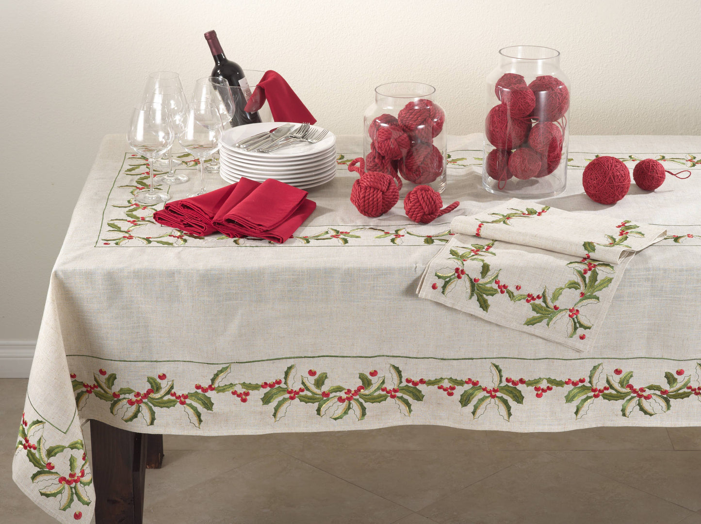 Embroidered Holly Design Napkin
