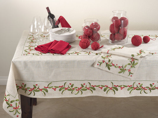 Embroidered Holly Design Napkin