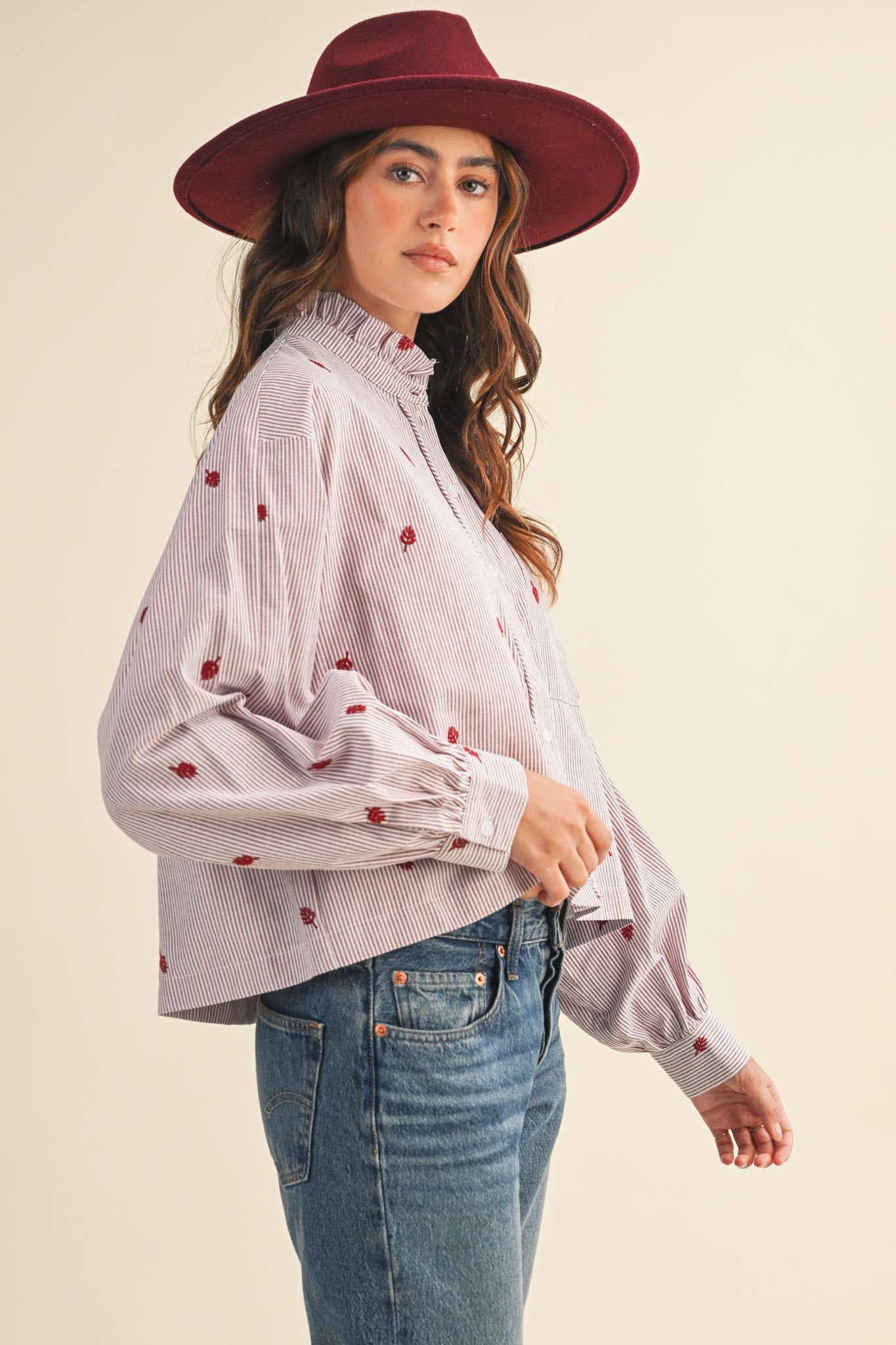EMBROIDERED MOCK NECK STRIPED BUTTON UP TOP